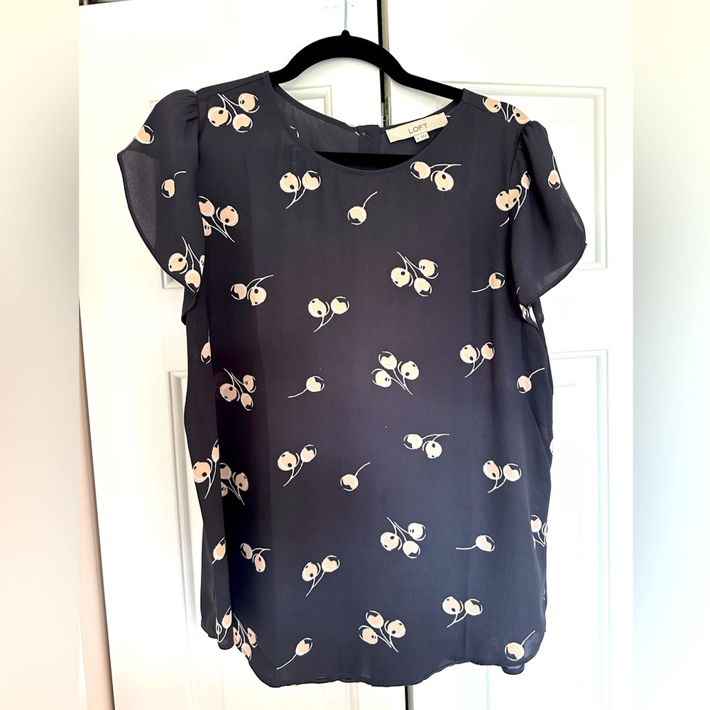 LOFT gray and pink cherry pattern blouse.